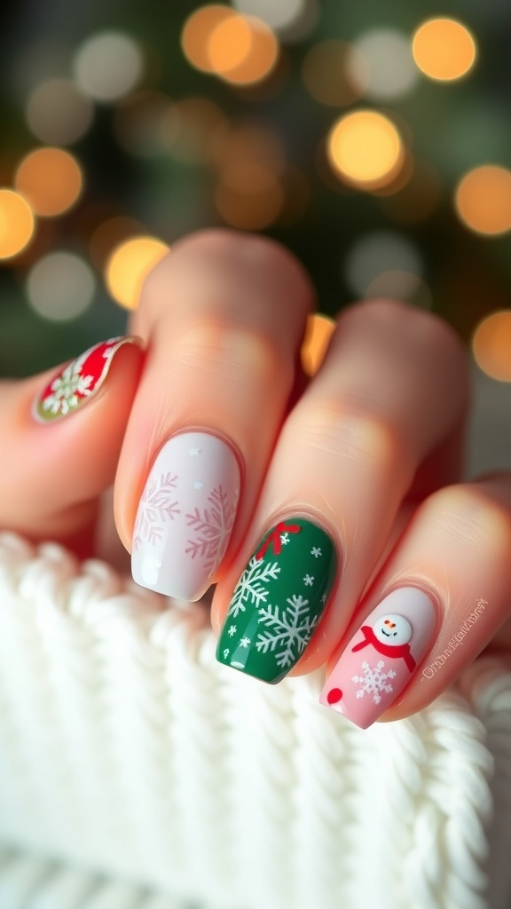 Christmas nail art with snowflakes in festive colors on a blurred background of holiday lights.